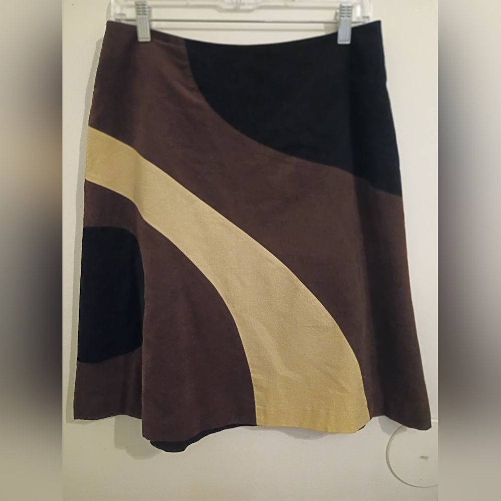 itw‎ Women's Mormon Print Soft Corduroy Black and Tan A-Line Skirt Sz 6